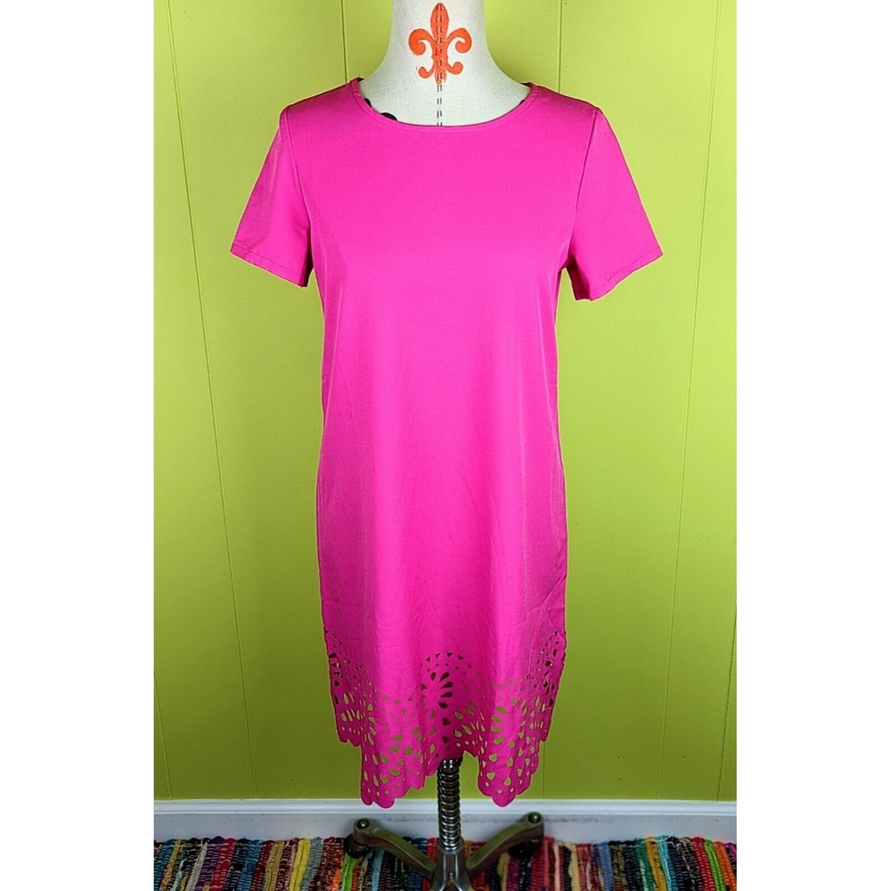 Hot Pink Womens M Short Sleeve Scallop Cut Out Sheath Dress Polyester